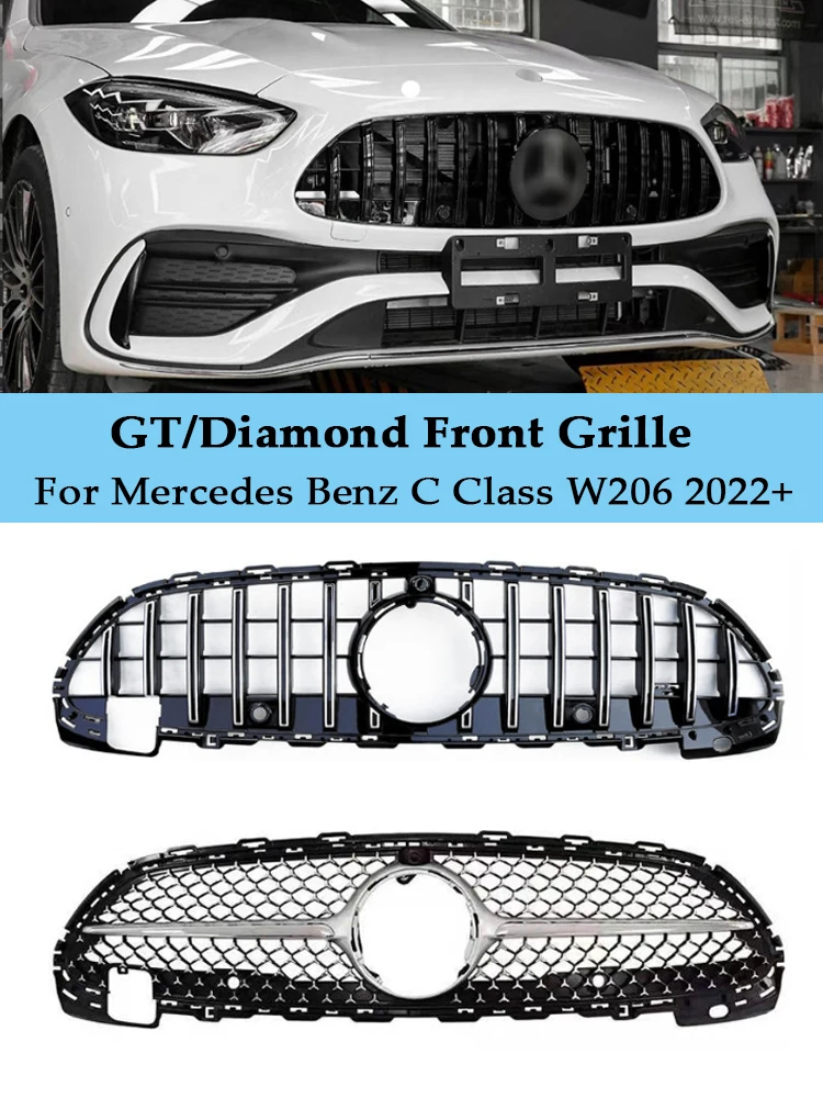 

Panamericana GT Front Grill For Mercedes-Benz C Class W206 AMG BRS Style For C180 C200 C300 2021 2022+ Chrome Black Accessories