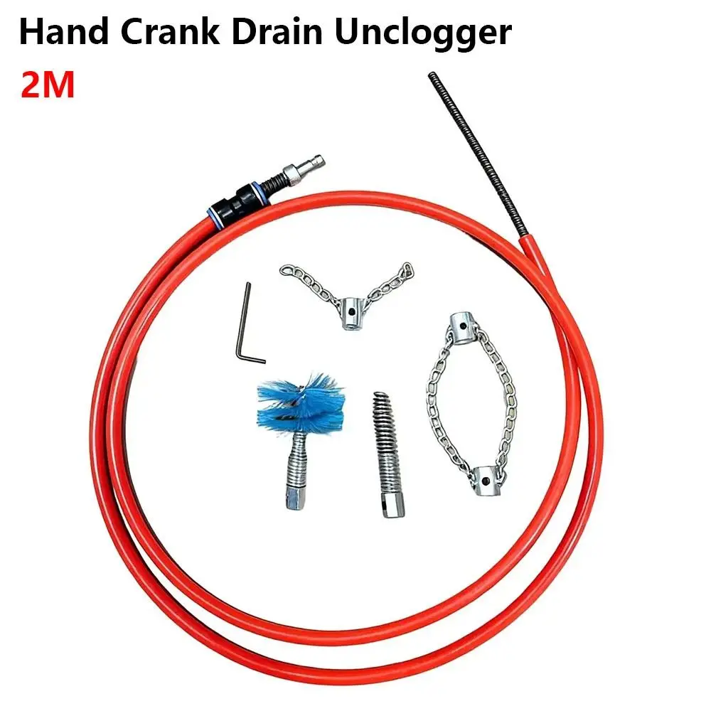 1Set Steel Hand Crank Drain Unclogger 2M Red Hose Toilet Clog Remover Flexible Cable Complete Attachments Pipe Cleaning Tool
