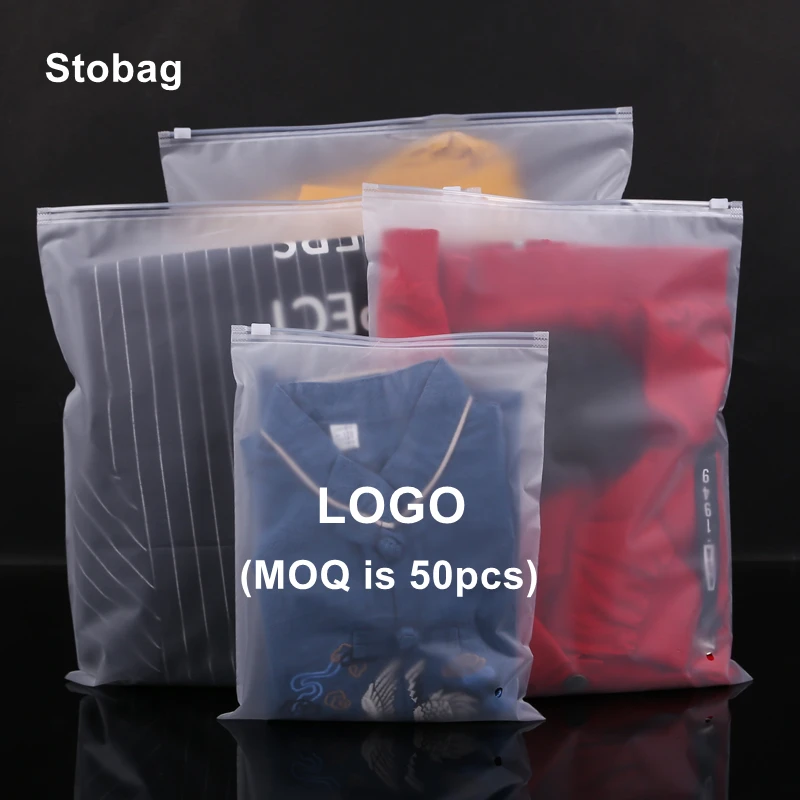 

StoBag Customized Size Logo Style Thickess Frosted Clear Plastic Package Cloth Travel Storage Bag Custom