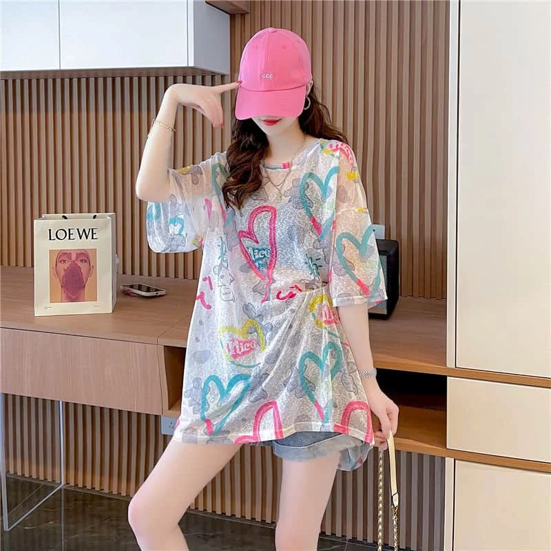 

T-shirts for Women Knitted Ice Silk Gothic O-neck Sunscreen Tops Oversized Casual Korean Style Smock Half Sleeve Summer Clothes