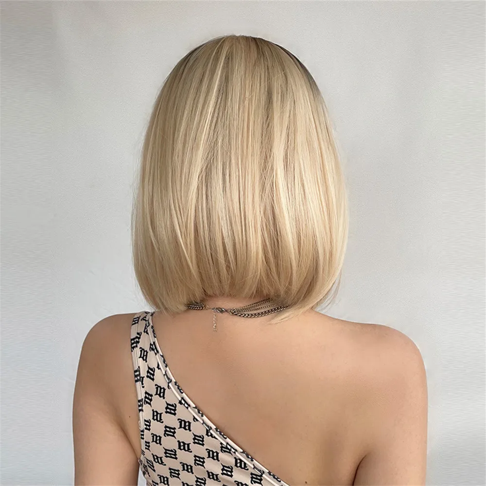 ALAN EATON Light Blonde Straight Bob Wig Shoulder Length Middle Part Blonde Wigs Ombre Daily Synthetic Heat Resistant Fake Hair