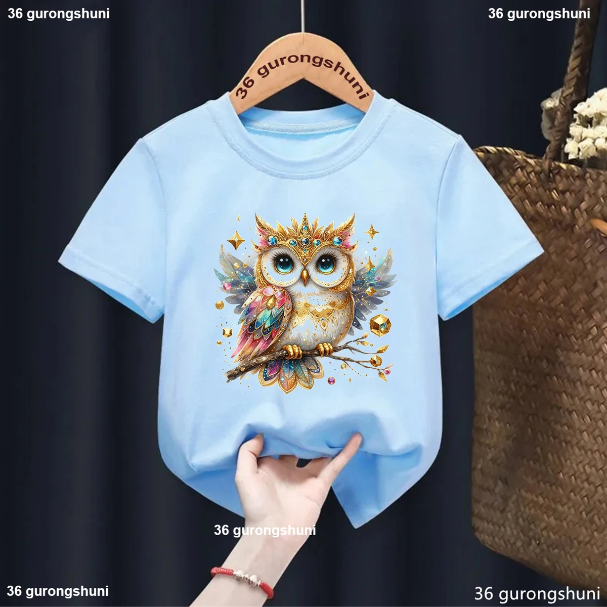 Sparkling Owl Animal Print Girls T Shirt Fashion Kawaii Kids T-Shirt Summer Girls Clothes Owl Artwork Print Tshirt Boys Blue Top