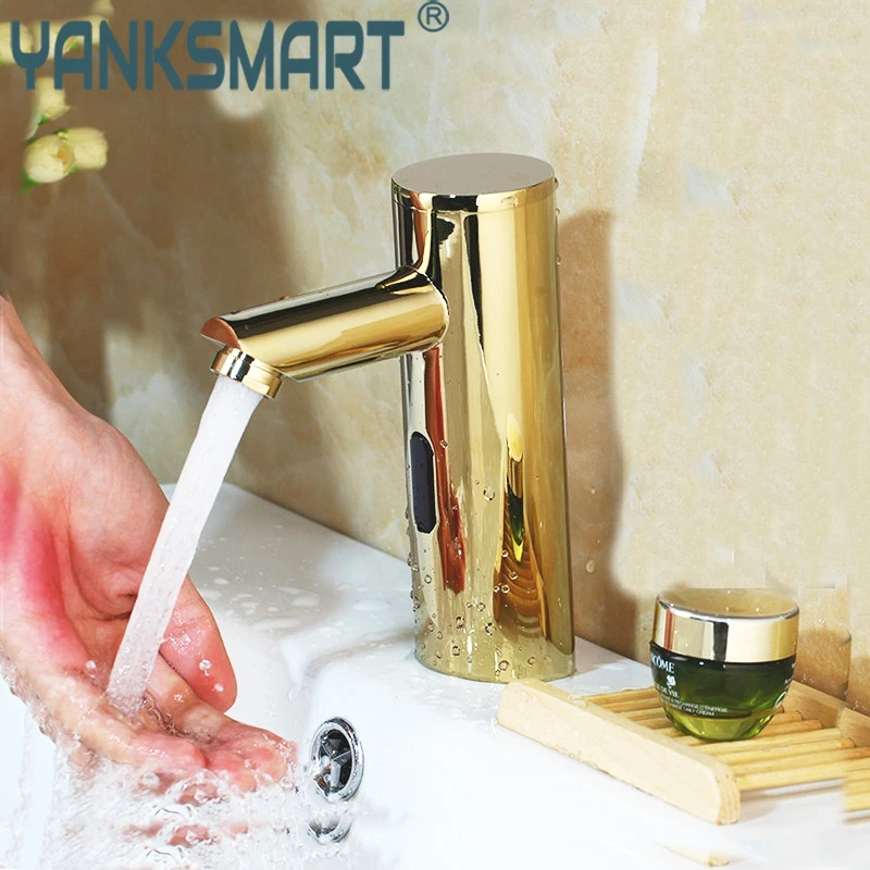 

YANKSMART Golden Plated Solid Brass Automatic Sensor Free Touch Chrome Polish Bathroom Basin Sink Faucet Water Mixer Tap Faucet