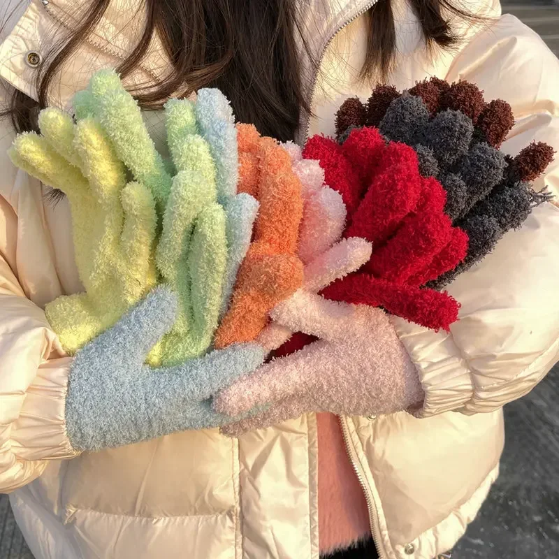 2024 New Women Winter Keep Warm Coral Velvet Solid High Elasticity Soft Knitted Gloves Cute Lovely Multicolor Windproof Mittens