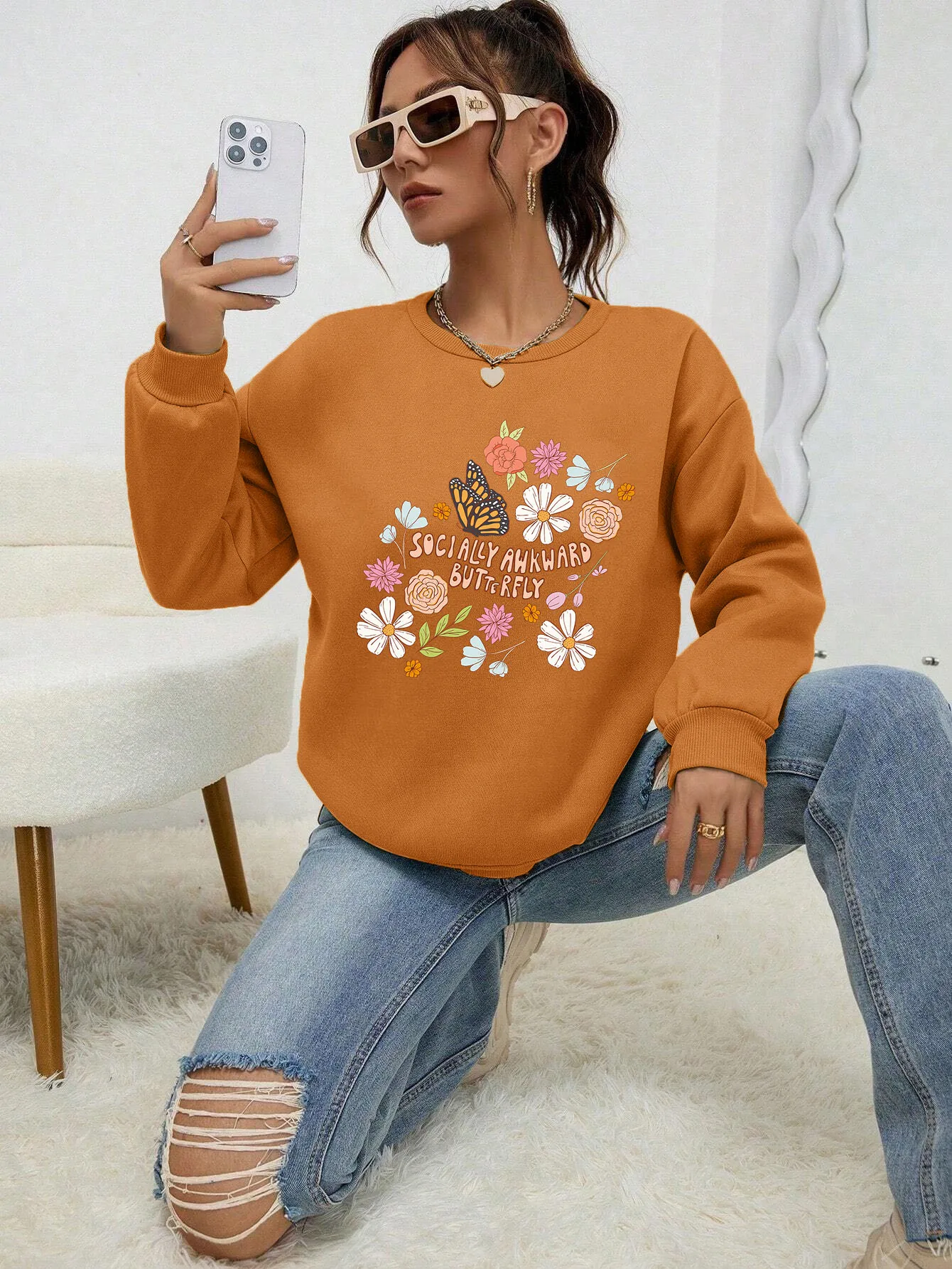 Socially Awkward Butterfly With Flower Printed Female Sweatshirts Fashion Loose Hoodies Casual Warm Top Autumn Fleece Clothes