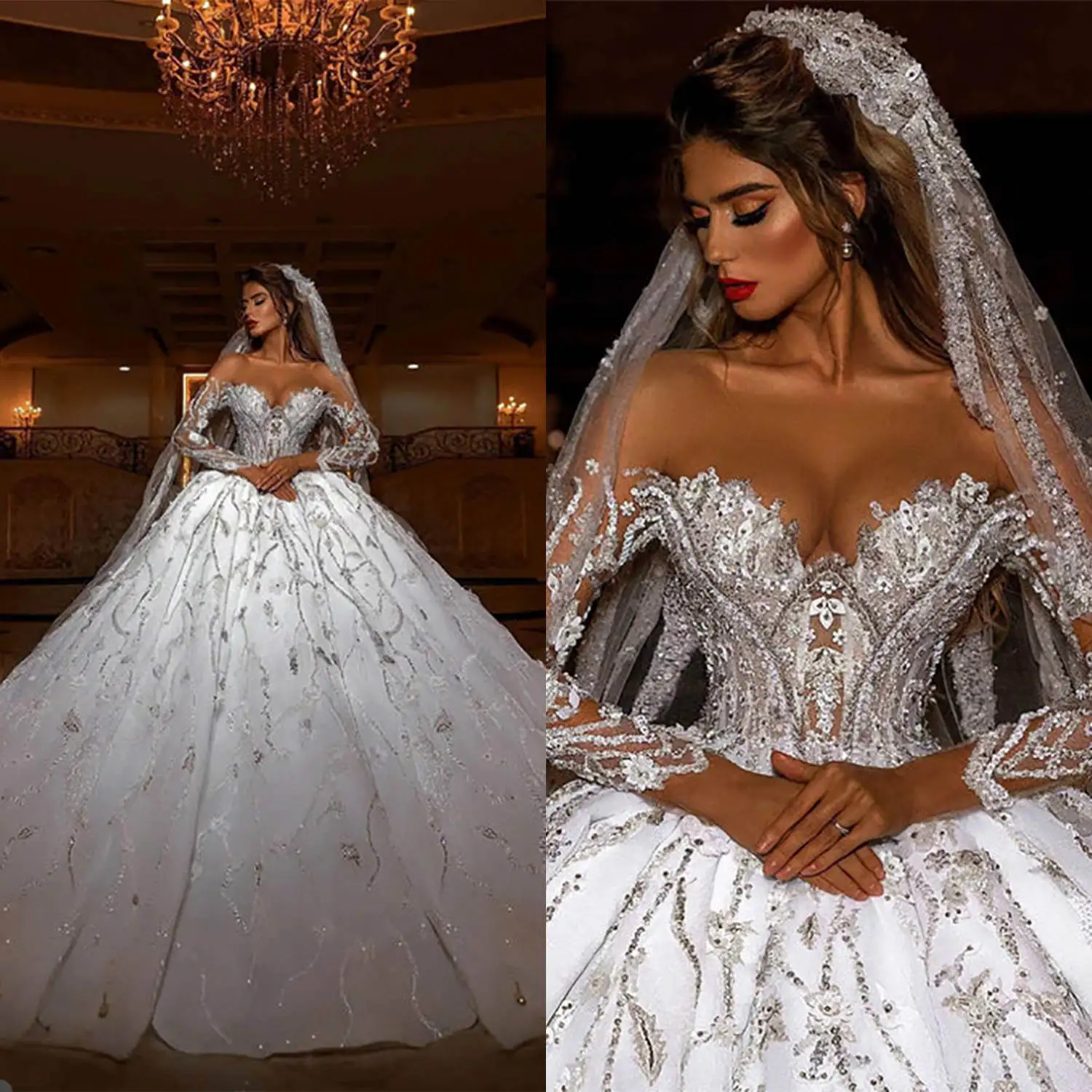 

Exquisite Ball Gown Wedding Dresses Appliques Sequins Lace Bridal Gowns Strapless Big Size Vestidos De Novia Custom Size Colour