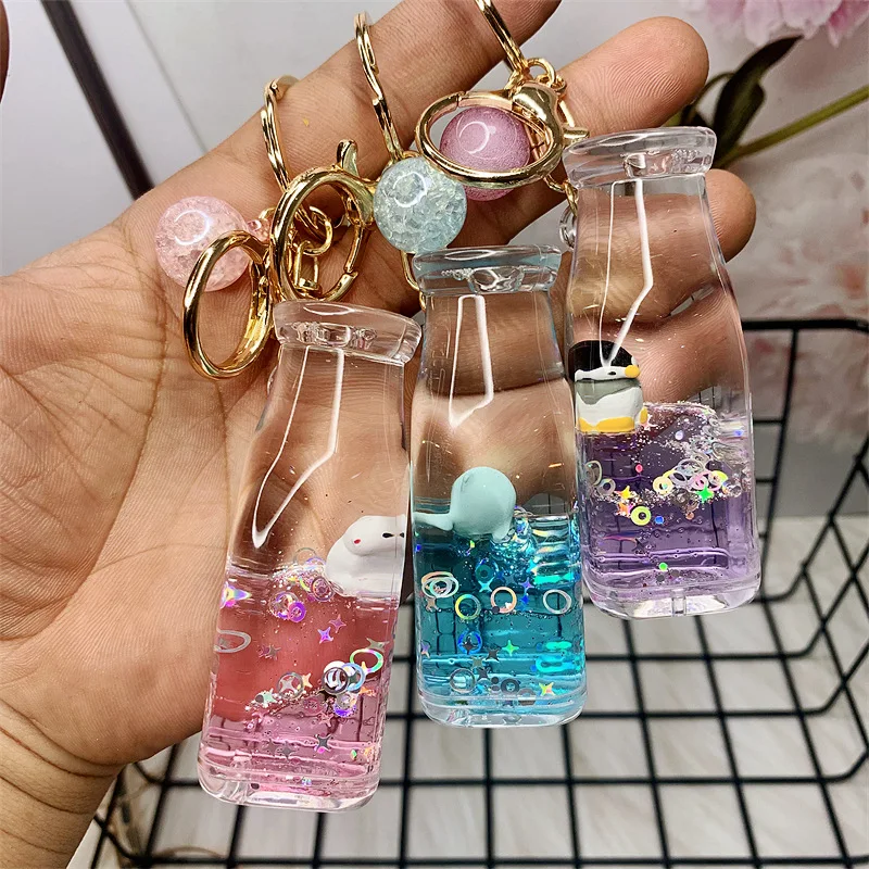 milk bottle floating ocean doll keychain cute cartoon  into oil pendant