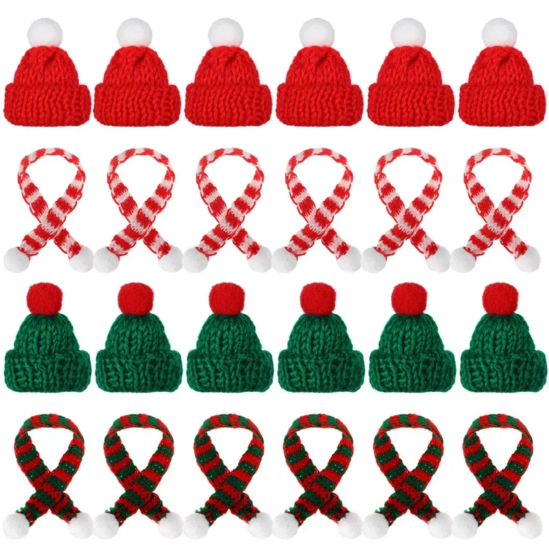 24pcs Mini Christmas Hats Scarf Set Mini Santa Decorations Christmas Tree Ornaments DIY Craft Art Snowman Doll