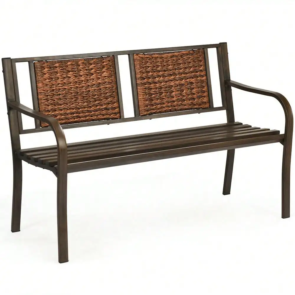 

Garden Bench Loveseat Park Patio Yard Outdoor w/ Rattan Back Steel Frame