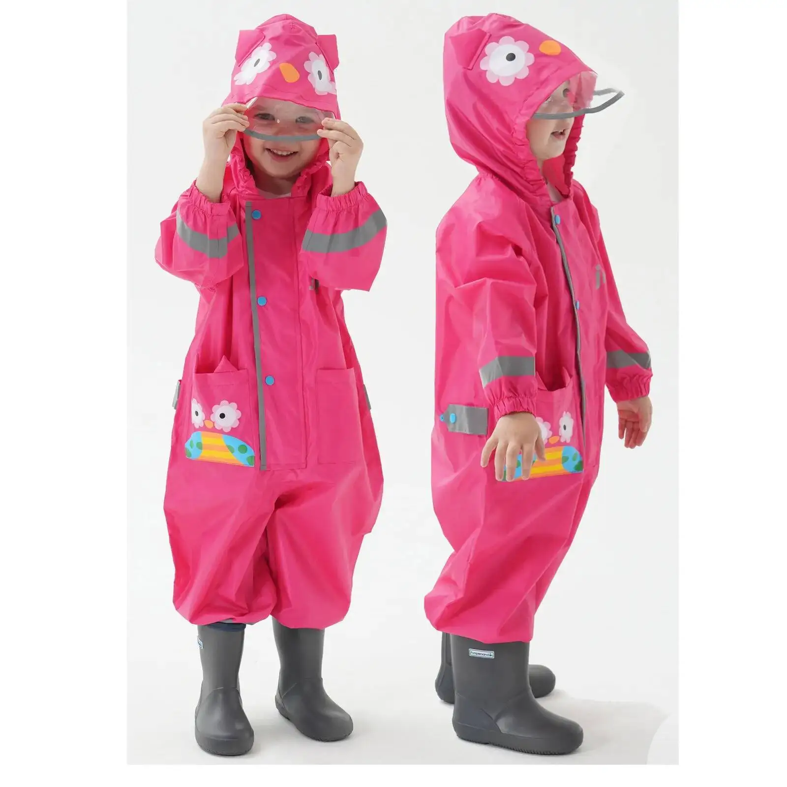 

Pink Owl Print Kids Raincoat With Clear Visor Hood Reflective Strips Waterproof Toddler Rain Cute Animal Themed Rainy Day Gear
