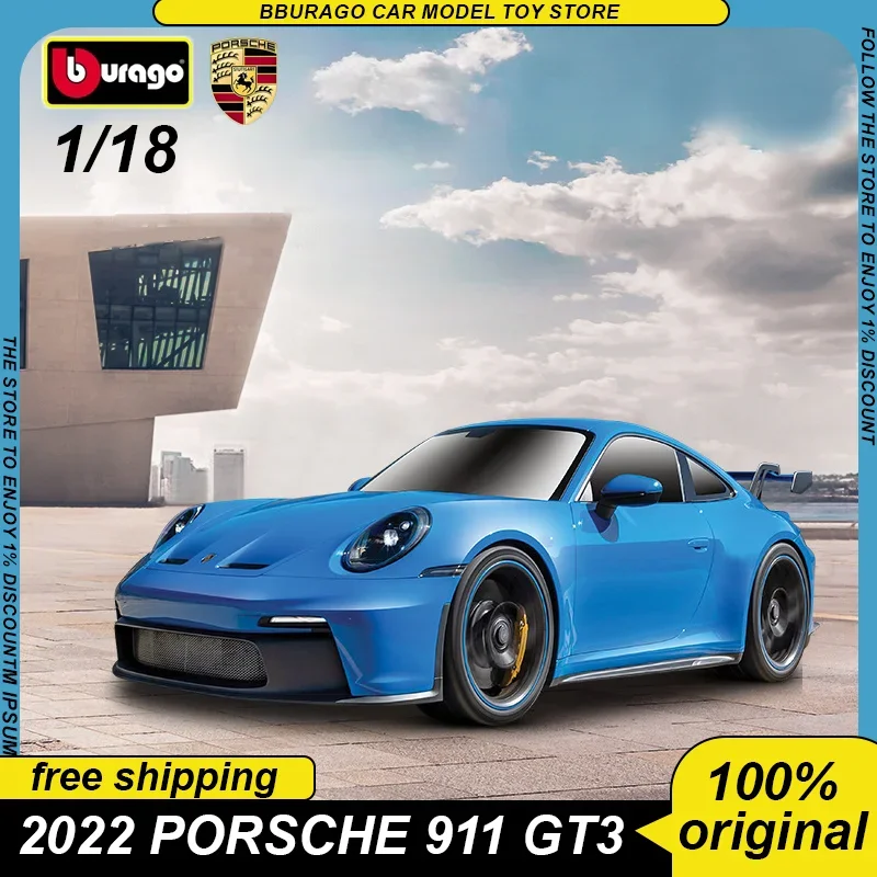 Bburago 1:18 2022 포르쉐 911 Gt3 레이싱 럭셔리카 로고 다이캐스트 모델 에디션, 합금 럭셔리 차량 장난감 컬렉션, 어린이 선물