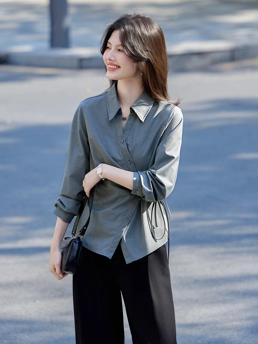 Gray Green Ruched Drawstring Waist Shirt Women, 2026 Fall Elegant Long Sleeve Blouse, Casual Unique Design Tops