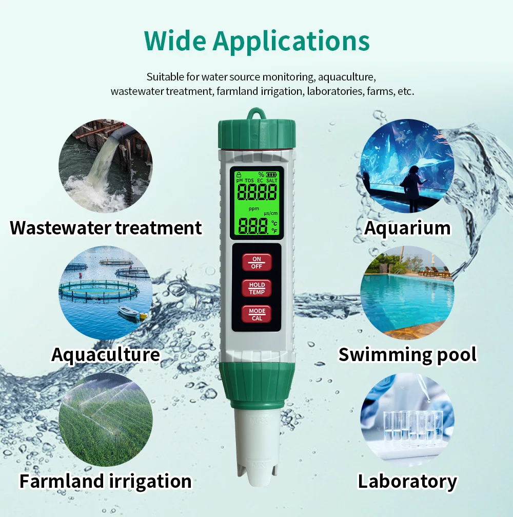 Portable 5-in-1 Digital Tester 5 Parameters (TDS/EC/PH/Salinity/Temperature) for Drinking Water Pools Aquariums-LCD Display LR44