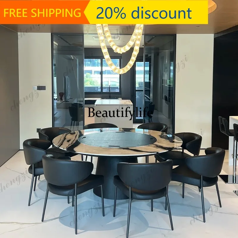 CC  Natural panda white luxury stone round dining table light luxury solid wood high-end marble dining table with turntable