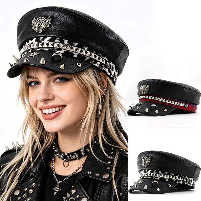 

2026 New Trendy Street Punk Dark Rivet PU Navy Hat Artistic Retro Painter Cap Badge Men Outdoor Street Travel Personalized Hat