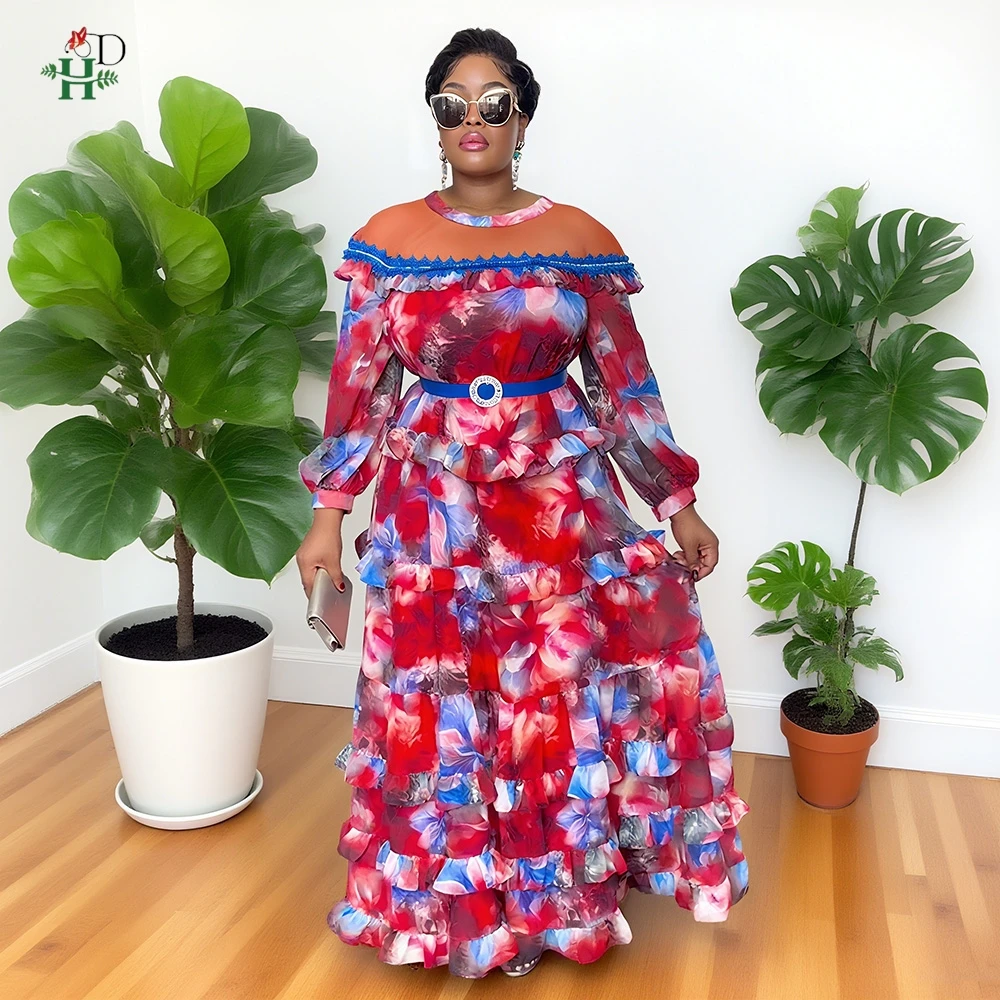 Vestiti africani per le donne vestono 2025 nuova moda verde increspato gonna a strati vestito da partito abito estivo fiore abiti casual veste