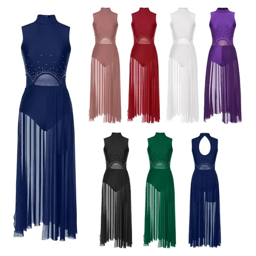 Imagen 2 del producto Vestido de baile lírico para mujer, leotardo de Ballet y gimnasia con diamantes de imitación, trajes de baile contemporáneos modernos, Ropa de baile para actuaciones en escenario