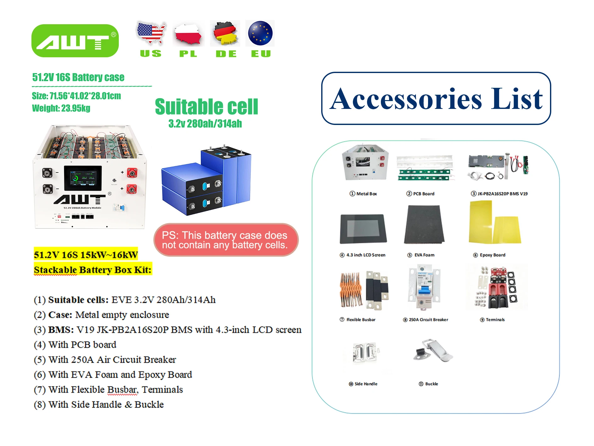 48V 280Ah 314Ah Stackable Prismatic Lithium Ion Batteries LiFePO4 Battery 51.2V Box With JK 200A BMS For Home Storage