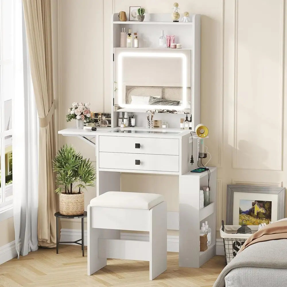 Lighted Makeup Vanity Desk with Adjustable Mirror, White Set, Charging Station, Glass Top Dressing Table, Storage Shelves