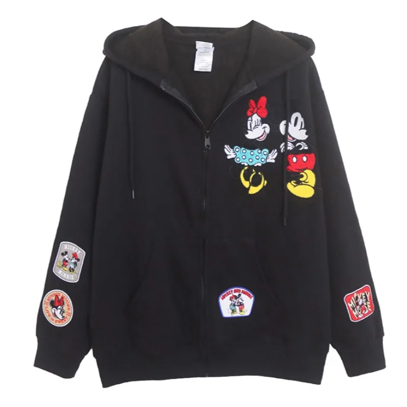 Anime Mickey Minnie Kawaii Embroidery Hooded Sweatshirt Fashion Girl Boy Coat Autumn Winter Oversize Zipper Casual Velvet Jacket