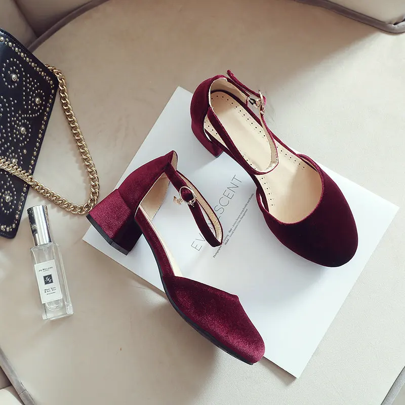 Velvet Velour Green Burgundy Closed Toe Women Summer Mary Janes Shoes Big Size 50 51 52 53 54 Square Chunky Med Heels Sandals