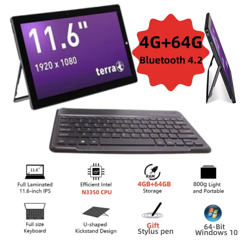 Intel Celeronタブレット,HDMI互換,Windows 10, Type C, 1920x 1080ips,Bluetooth 4.2, 4GB RAM, 64GB ROM, 64ビット,pad1162,n3350,11.6