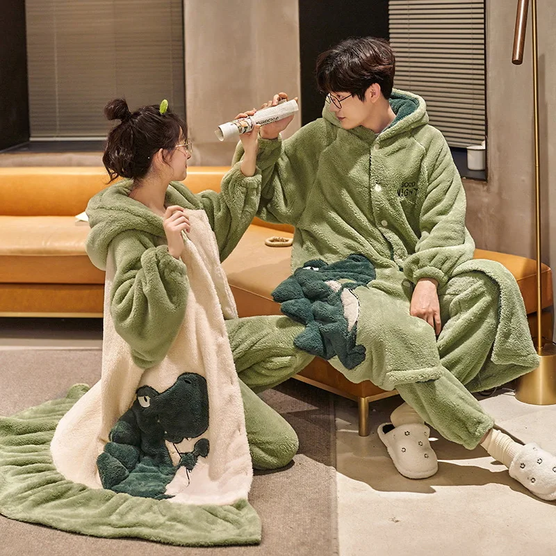 Winter Couple Pajamas Robe & Pant Women Men Warm Thicken Cartoon Sleepwear Lovers Pyjamas Hoodie pijamas para parejas Dropship