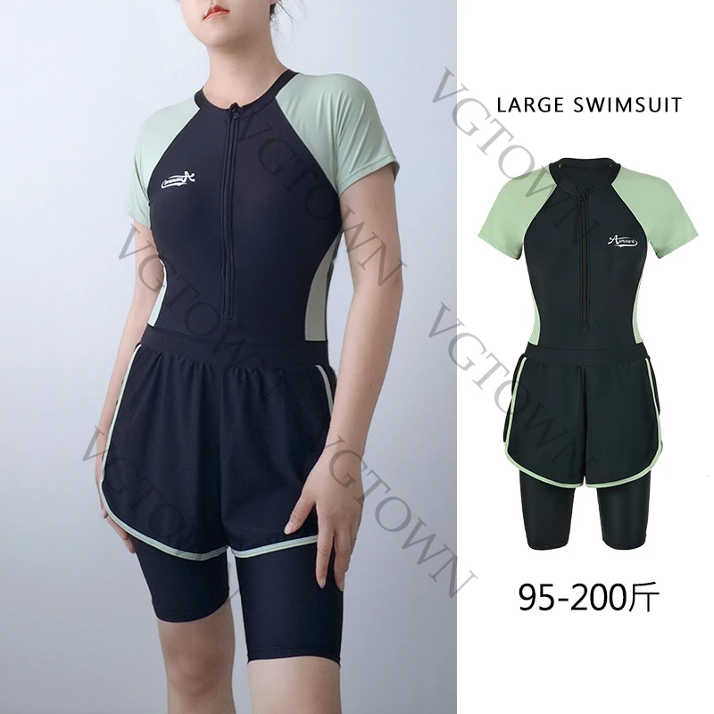 M-6XL One Piece Women Swimwear Swim Suit Short Sleeve Swimsuit Zip Front Tropical Plant Surfing Quick Drying, UPF50+