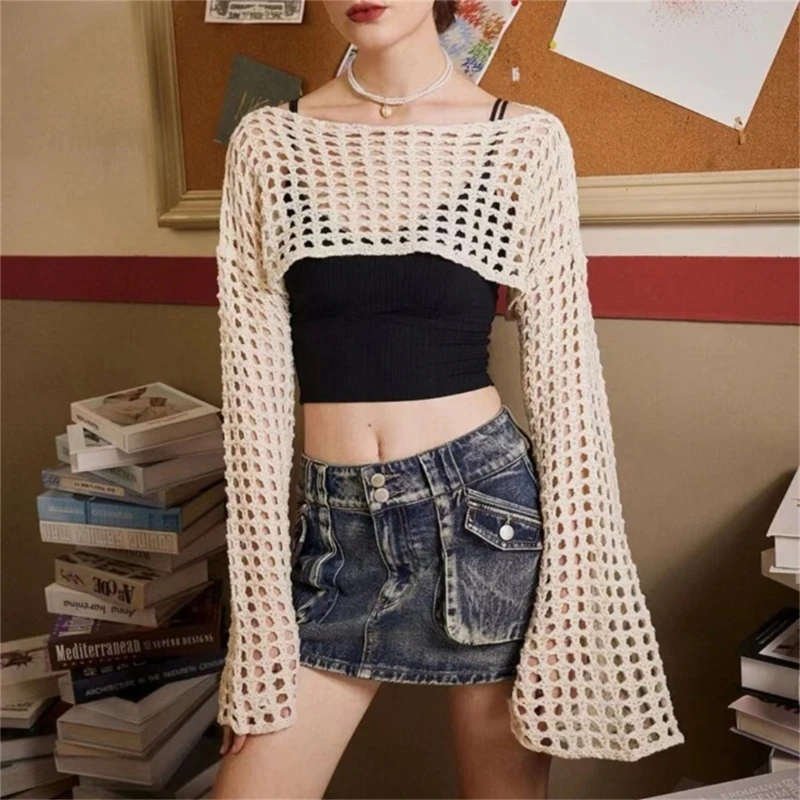 Womens Crochet Knit Crop Top Pullover Sweater Long Sleeve Hollow-Out Scoop-Neck Y2k Shirt Blouse Summer Streetwear