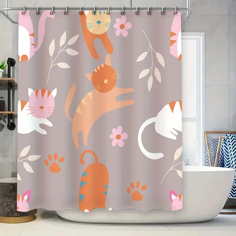 

Причудливая занавеска для душа с изображением кота, розовая, оранжевая ткань с цветочным принтом для украшения ванной комнаты, нескользящие крючки в комплекте
