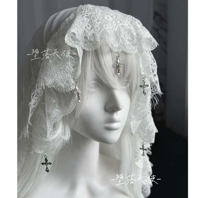 

White Veil Cosplay Prop Cross-decorated Veil Lolita Lace Cross Pendant Gothic Black And White Wedding Veil Photo Props
