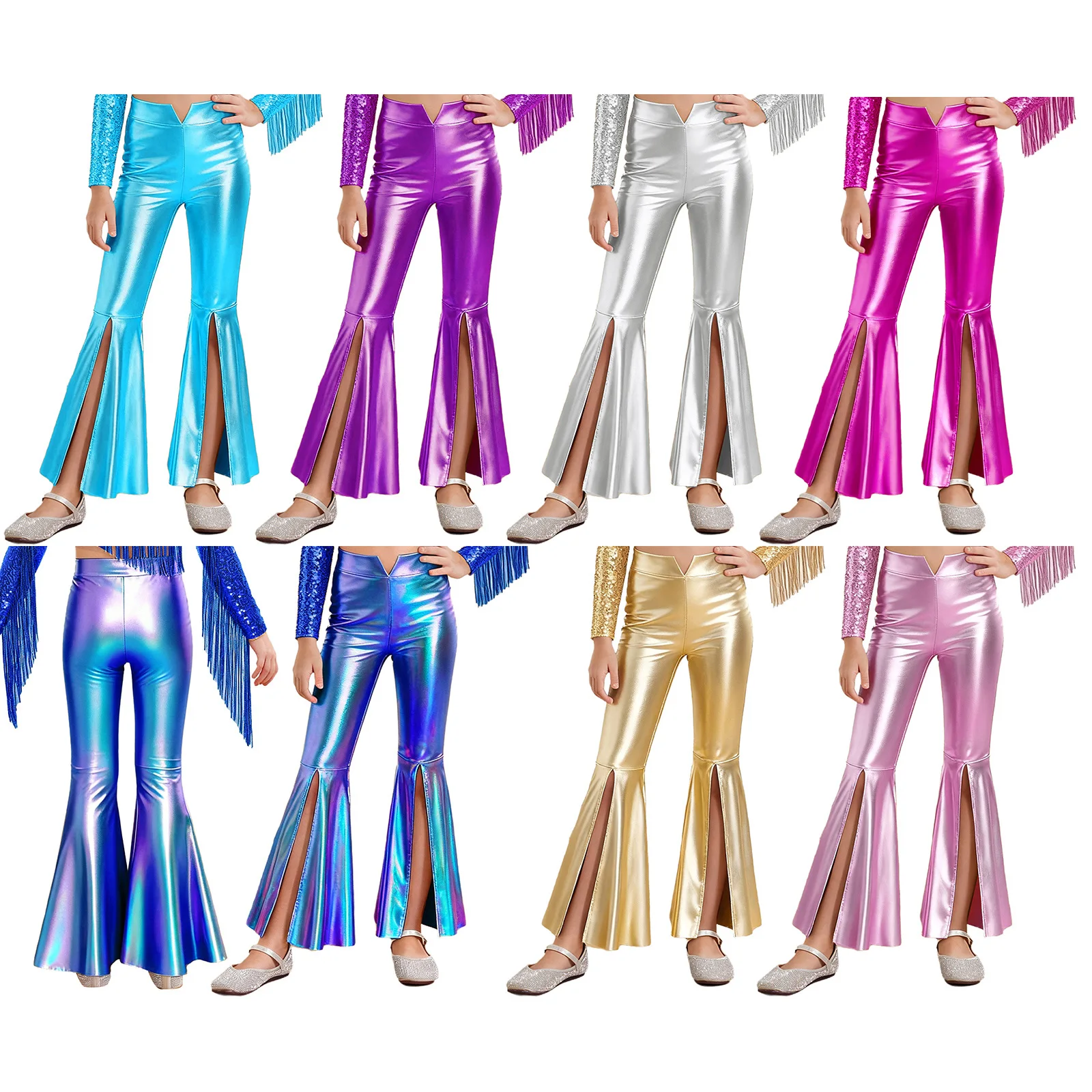 Wide Leg Trouser 70S - Girls Glossy Metallic Leggings Shiny Flare