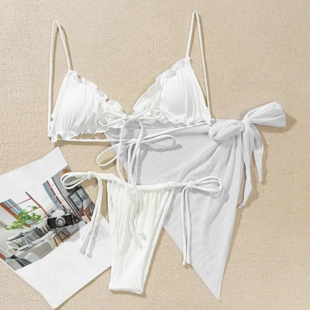 3 Stks/set Geplooide Ruches Trim Pads Draadvrije Bikini Cover Up Set Sling Bh Laagbouw Slips Rok Set Strandkleding