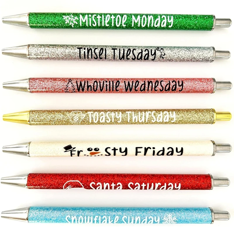 

7Pcs Christmas Weekday Pens Glitter Pen with Funny Sayings Vibrant Fancy Ballpoint Pens Cute Gifts for Colleagues Office Supply