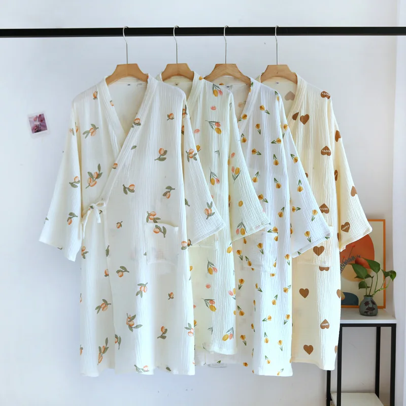 

Japanese 100% Cotton Nightgown Spring Autumn Thin Double Gauze Strap Kimono Bathrobe Women Hanfu Pajamas Sleepwear