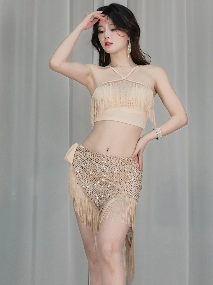 섹시 벨리댄스 스커트 세트 불규칙한 스팽글 치키 스커트 프린지 공연 의상 여성 피트니스 벨리댄스 의상