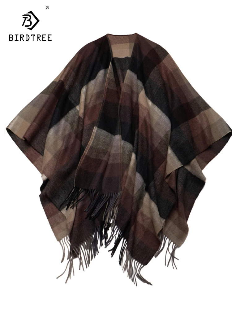 

Birdtree 100% Pure Wool Women Checkered Cloak Shawl 2023 Winter Autumn Fashion British Style Split Shawl Tassel Blanket A39385QC