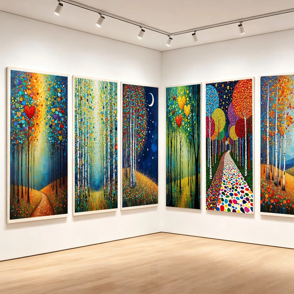 Large Frameless Canvas Wall Art,Abstract Birch Tree Canvas Wall Art Colorful Dot Painting Forest Floral Landscape Print Modern H