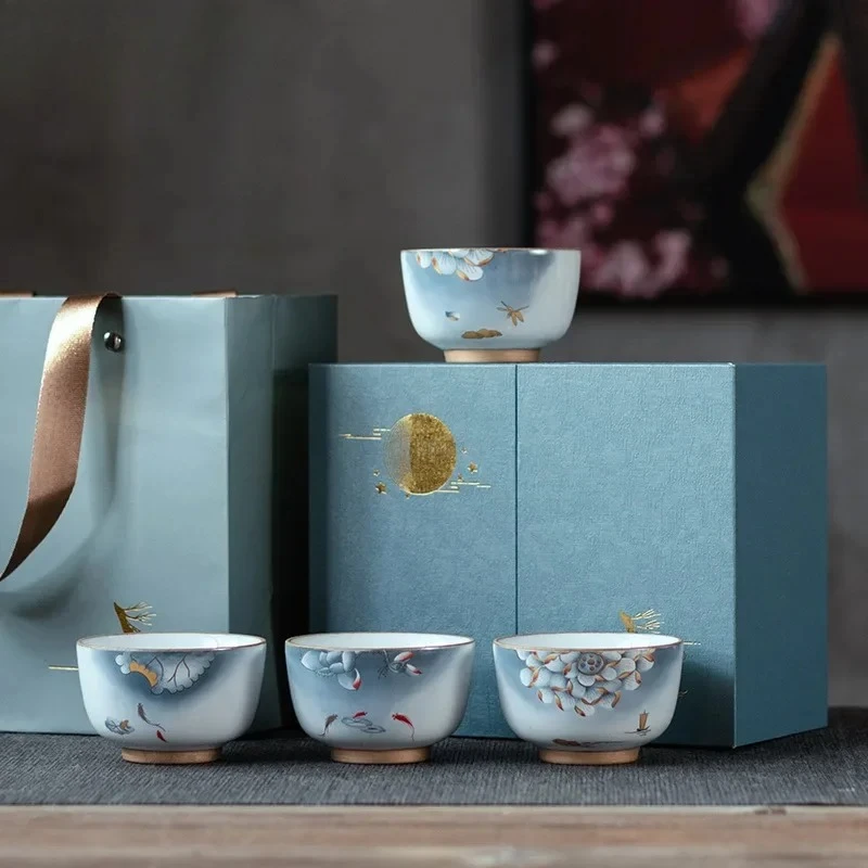 Rui He Ceramic Cup 4 Cup Gift Box Kung Fu Tea  Fragrance-Smelling  Single Master  Bubble  Ceremonial