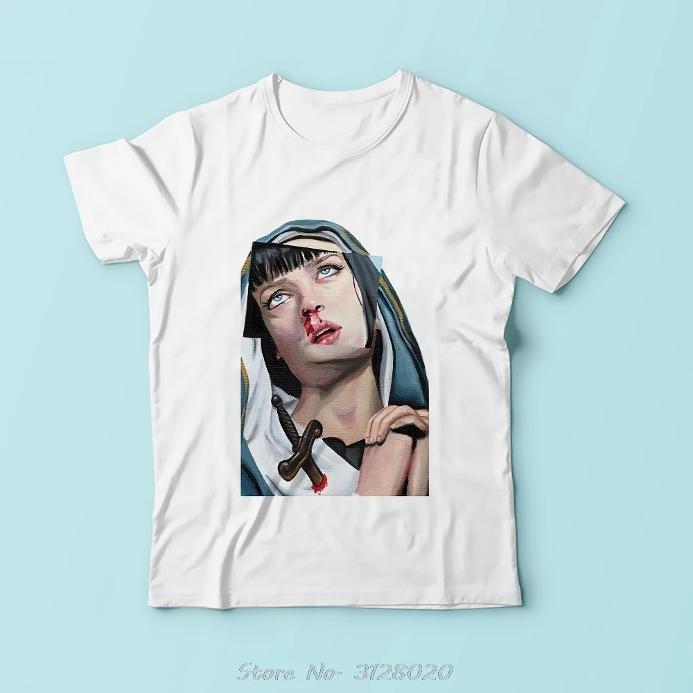 Classic Pulp Fiction Mia Wallace Vincent Vega Funny T Shirt Men New White Casual Tshirt Tees Sublimation Print t-shirt Harajuku