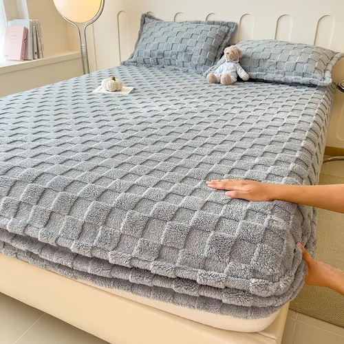 두꺼운 따뜻한 침대 커버, 겨울 플러시 장착 시트, 체커보드 벨벳 매트리스 커버, 미끄럼 방지 매트리스, 보호대 아늑한 침대 시트 