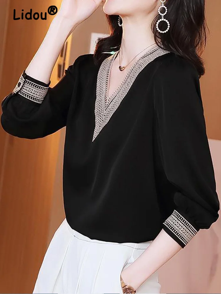 Elegant Fashion V-neck Embroidery Hollow Out Dignified Shirt New Summer Autumn 2022 Long Sleeve Solid Color Women\'s Clothing