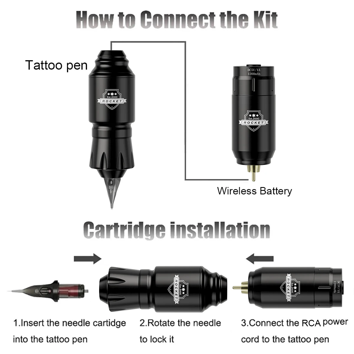 1Set, Dm Draadloze Tattoo Kit ,Complete Mini Raket Machine Batterij Cartridge Naalden Voeding Inkt Roterende Tattoo Pen Set