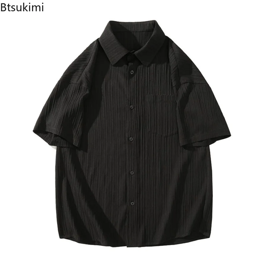 2025 Men's New Ice Silk Shirt Flip Collar Short Sleeve Summer Loose Shirt Fashion Versatile Shirt Coat Casual Trendy Streetwear