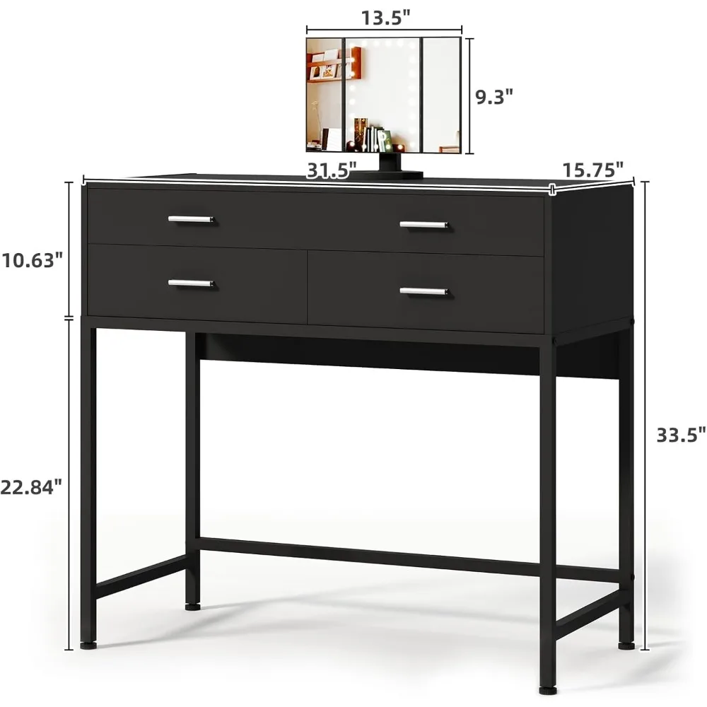 31.5 Inch Black Desks with 3 Drawers, Modern Makeup Vanity Desks with Lighted Mirror, Small Computer Desk Home Office Desk