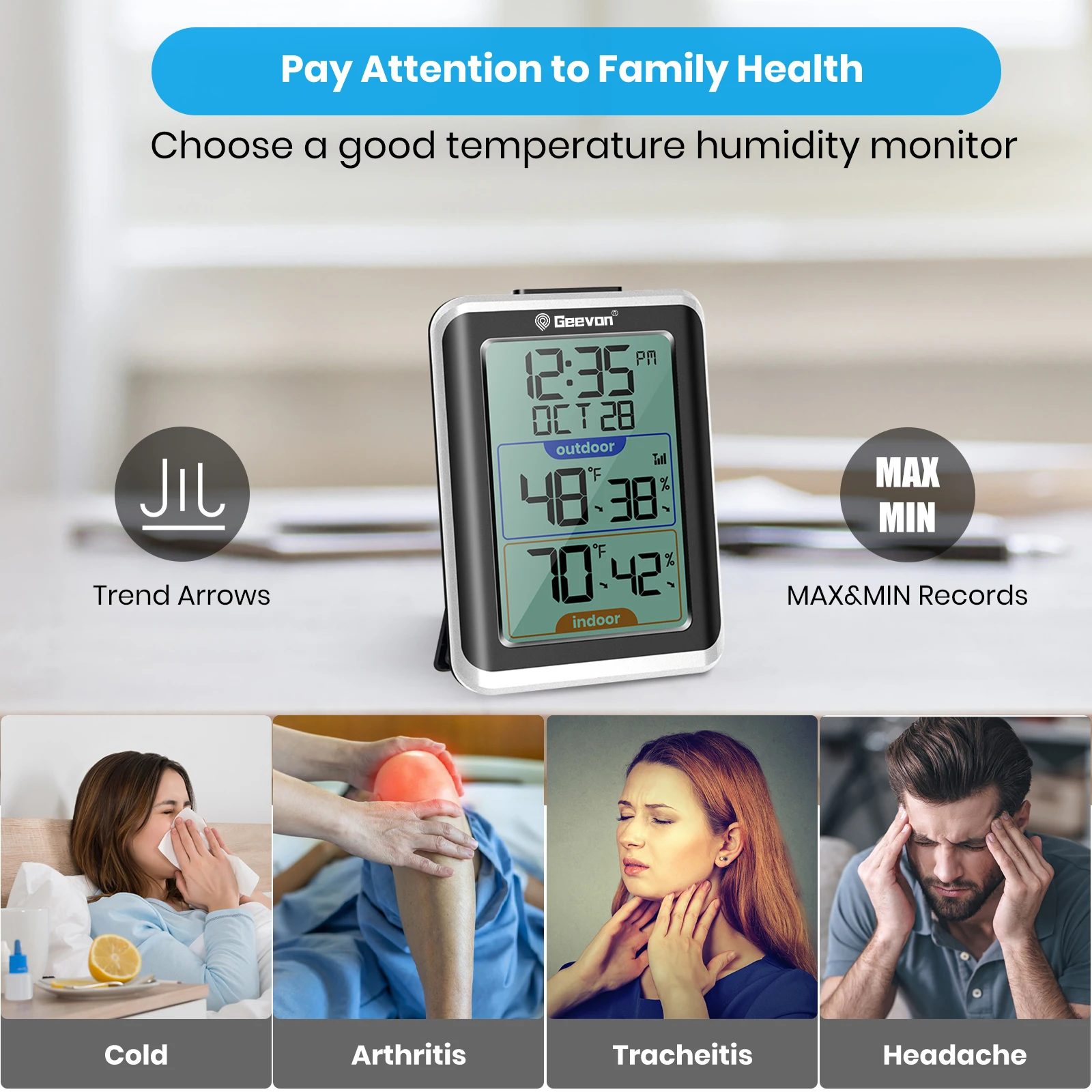GEEVON Indoor Outdoor Thermometer Wireless Digital Hygrometer Temperature Gauge,200ft/60m Range Temperature Humidity Sensor