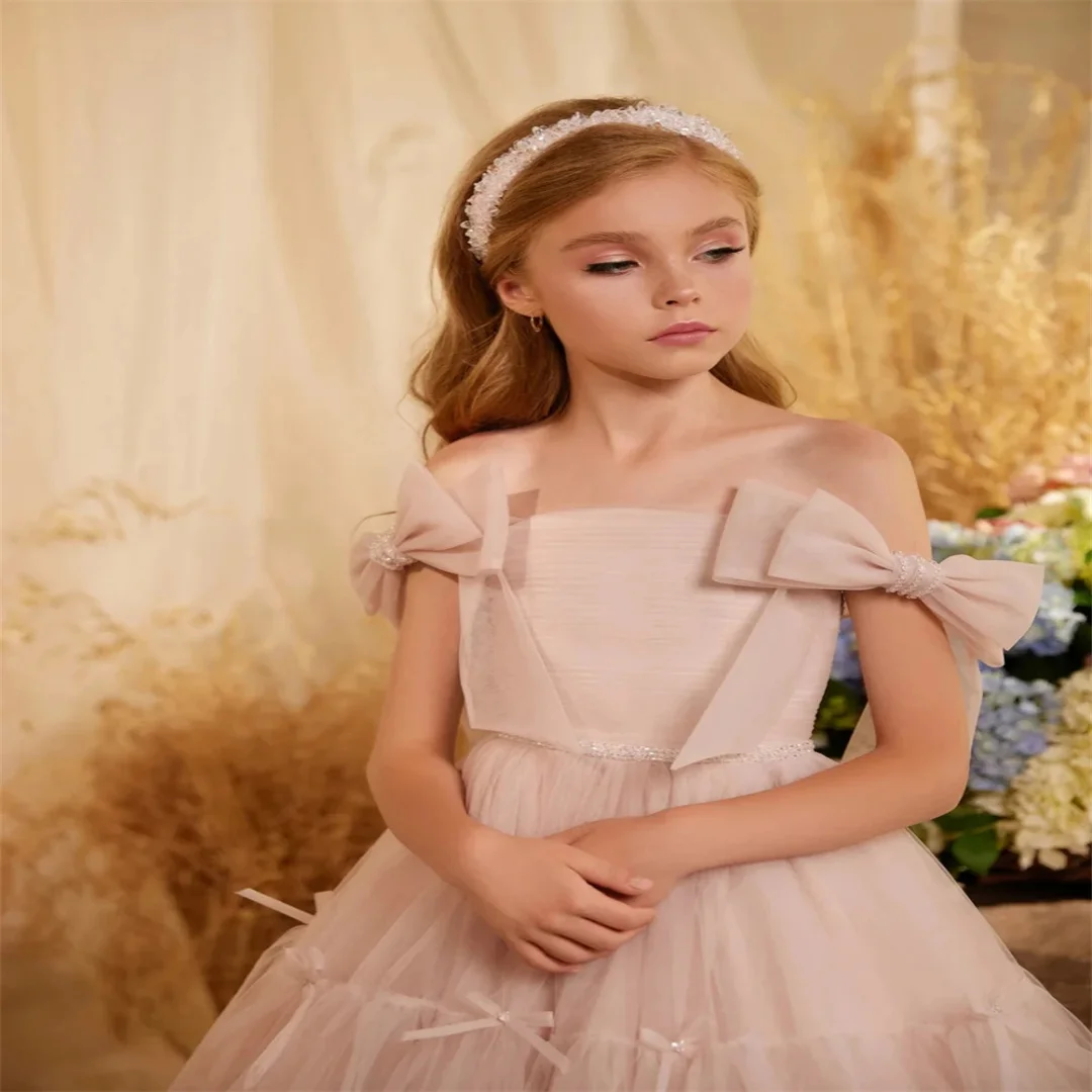 Customized Newest Pink Bow Tulle Long Girls Dresses Children's Day Performance Wear Sparkly Beaded A-line Kids Princess Gown