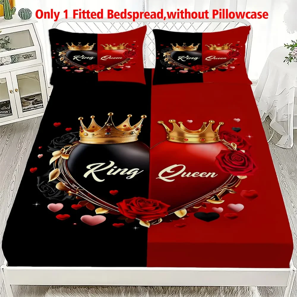 1pc King & Queen Heart Crown Print Fitted Sheet Deep Pocket Elastic Mattress Cover Single Double Queen King Bedroom Decor