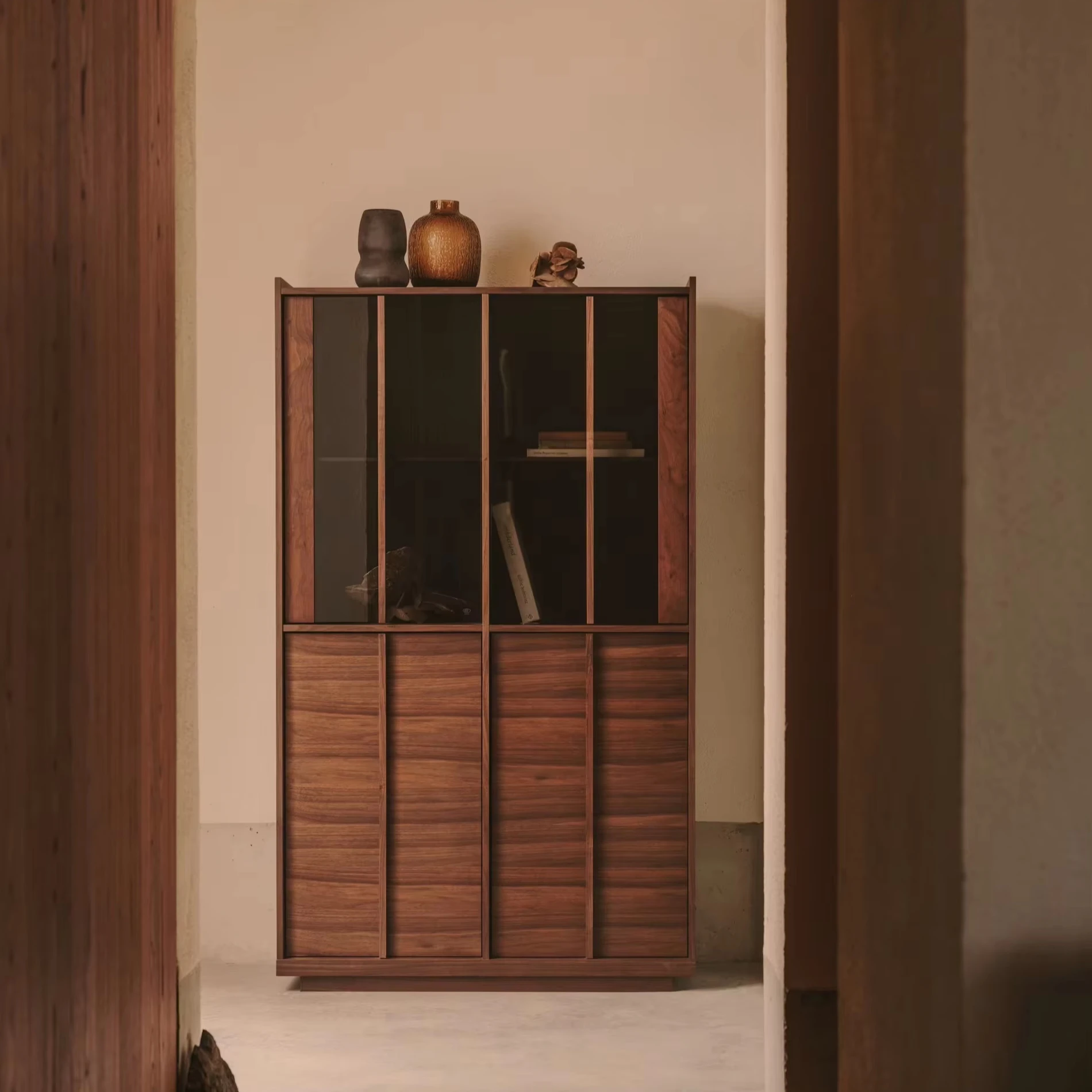 Veneer wood glass display cabinet solid walnut