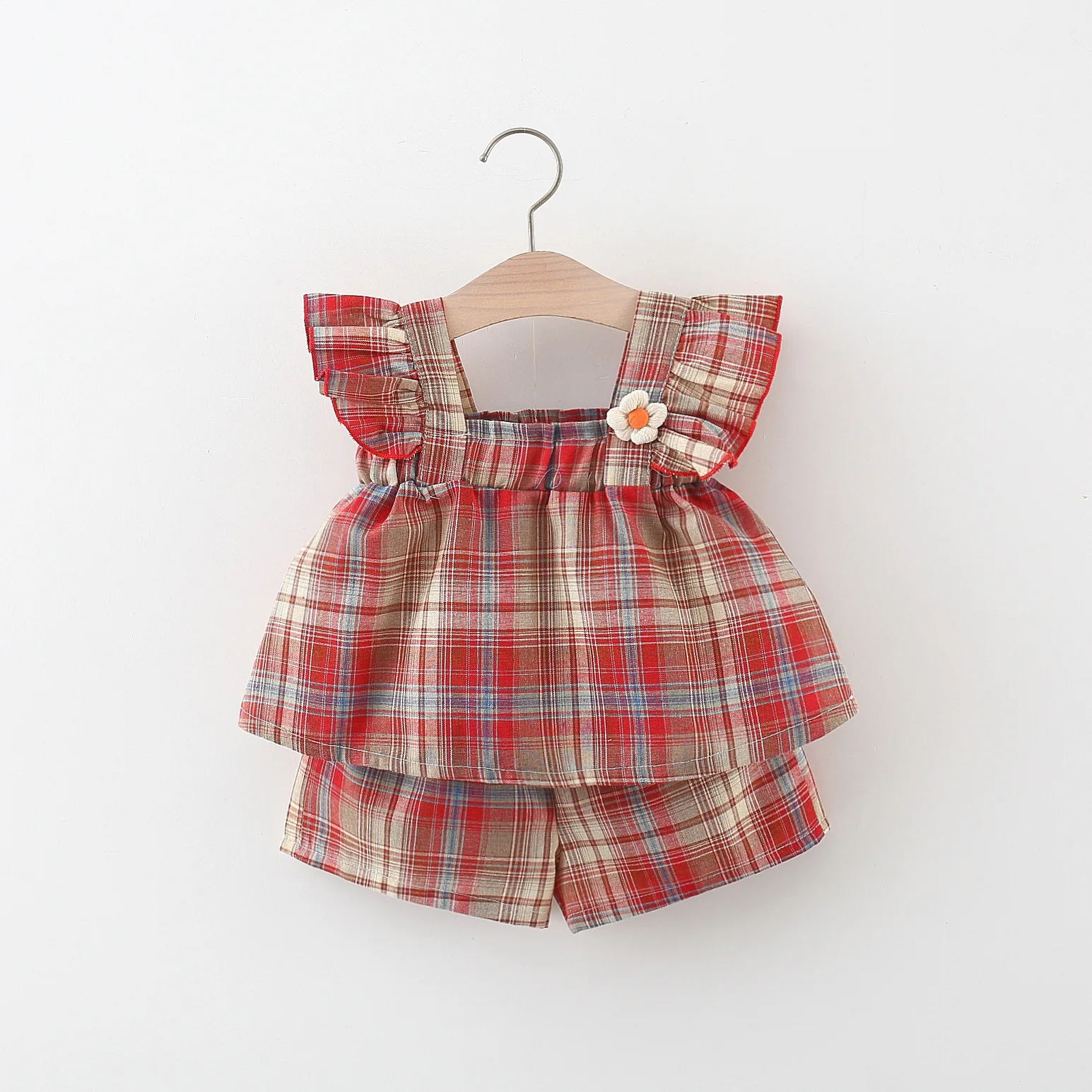 2pcs/Set Summer Baby Girl Two-Piece Set Cute Plaid Flower Small Flying Sleeve Top Shorts Girl Set Korean Version Beach Two-Piece